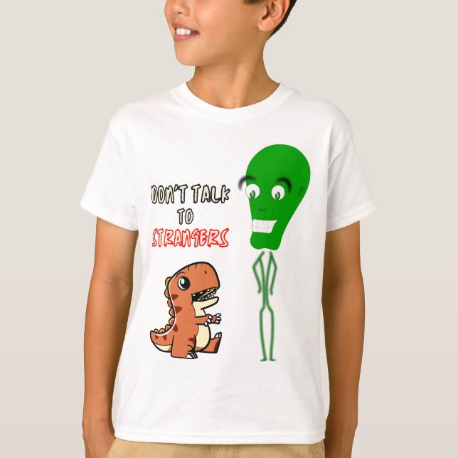 Camiseta Não fale com estranhos, Alienígena com dinossauro  (Frente)