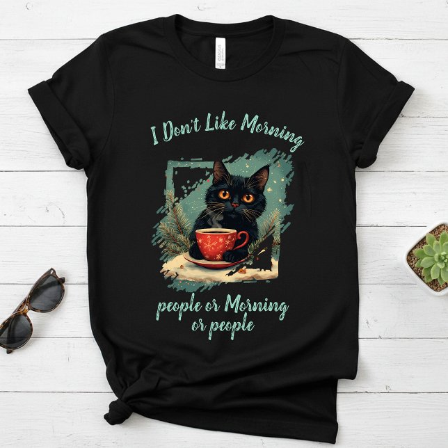 Camiseta Não gosto de manhã, gato bebe café (Criador carregado)