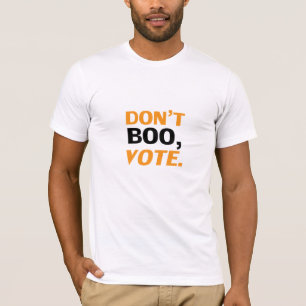Camiseta "Não vaias, vota" preto, cor de laranja, branco,