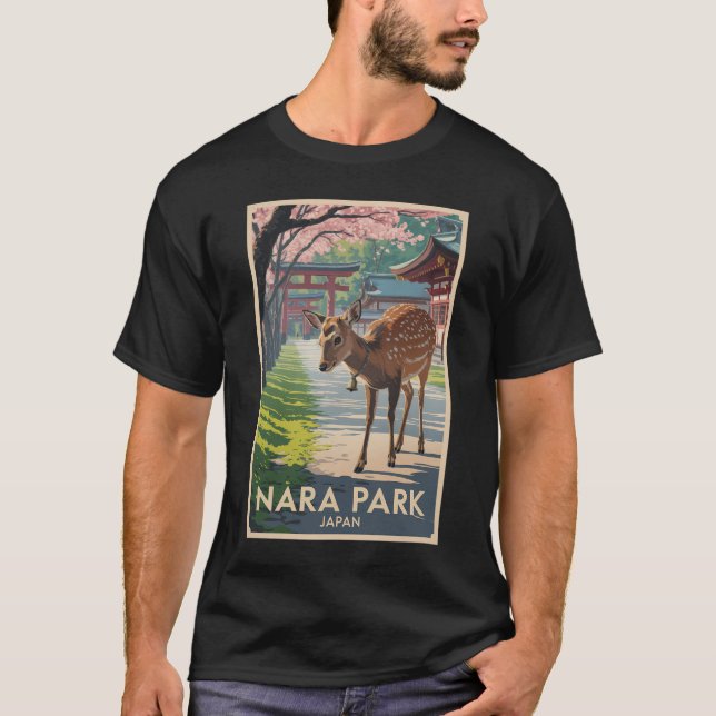 Camiseta Nara Park Japan Deer Illustration Travel Art Retro (Frente)