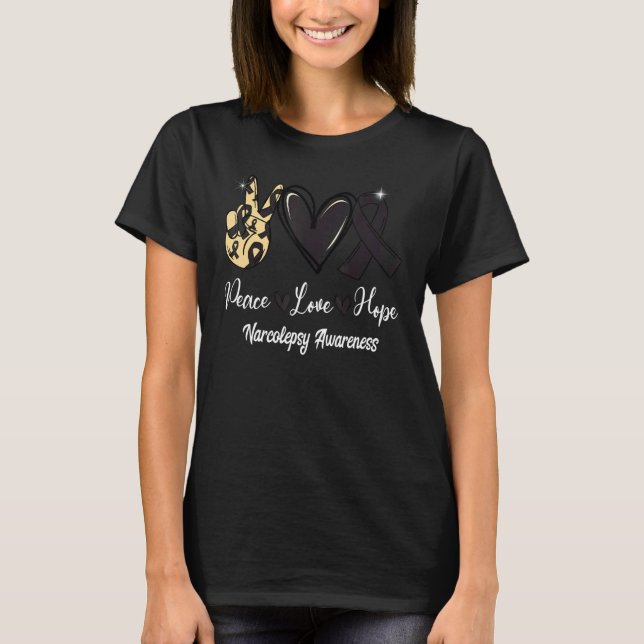 Camiseta Narcolepsy Awareness Peace Love Hope Black Ribbon (Frente)