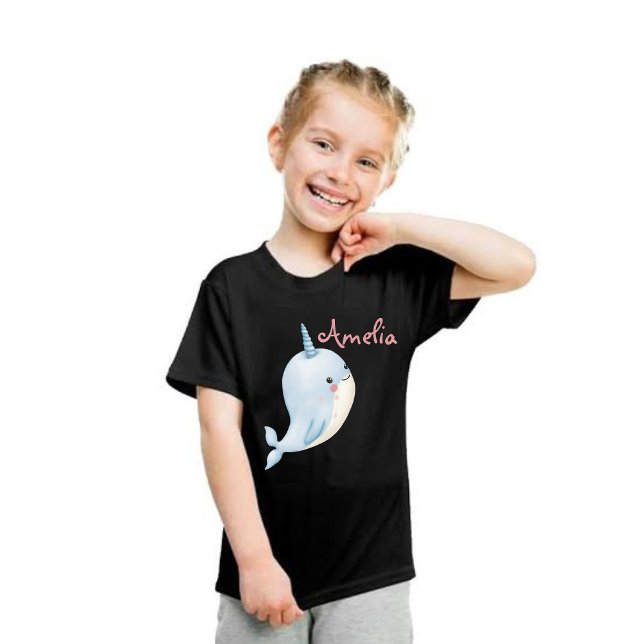 Camiseta Narral Rapariga Adição de Nome Preto Personalizado (Narwhal Girl Birthday Add Name Personalized Black T-Shirt
)