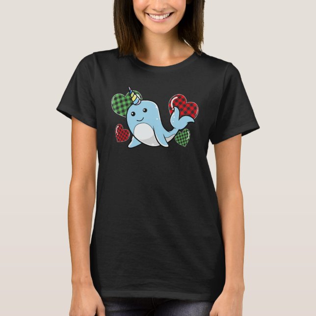 Camiseta Narwhal Red Xadrez Heart Dia de os namorados Love (Frente)