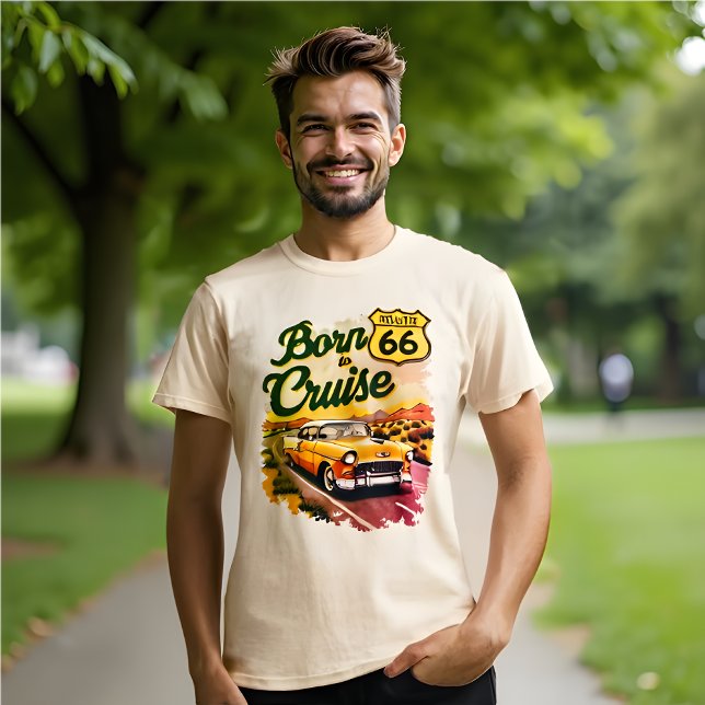 Camiseta Nascer da rota de cruzeiro 66 Classic Car Road (Route 66 Born to Cruise t-shirt. )