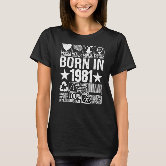 Camiseta Nascer Em 1981 Código de barras do Rótulo de Aviso (Frente)