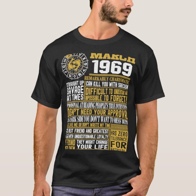 Camiseta Nascer em março de 1969 Peixes de 52 anos Zodiac S (Frente)