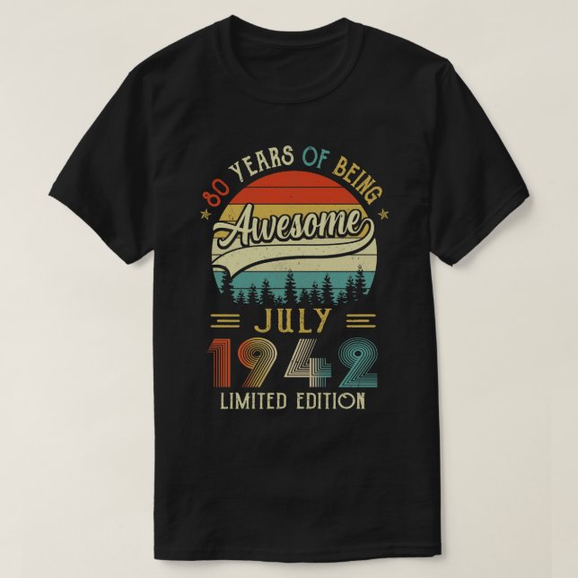 Camiseta Nascer Julho De 1942 Aniversário 80 Feito Em 1942, (Frente do Design)