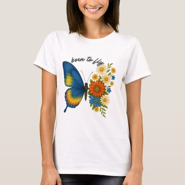 Camiseta Nascer para voar Flor da Borboleta - Inspiração co (Frente)