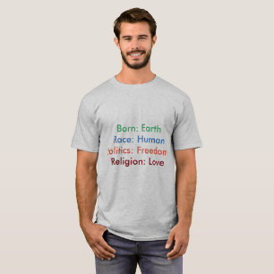 Camiseta Nascer: Terra; Raça: Humano; Religião: Homens do