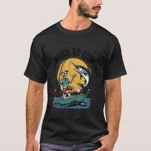 Camiseta Nascido para Pescar Esqueleto Pescador Barco de Pe