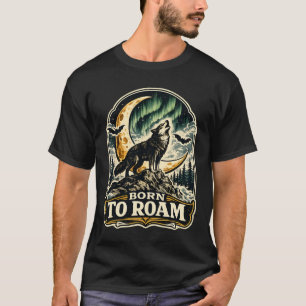 Camiseta Nascido para Vagar Lobo Antigo Luzes do Norte