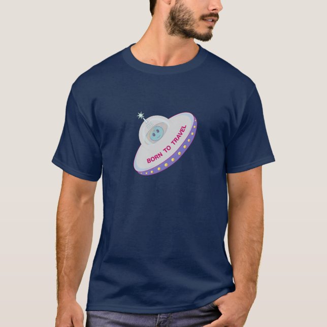 Camiseta Nascido para viajar alienígena fofo e disco voador (Frente)
