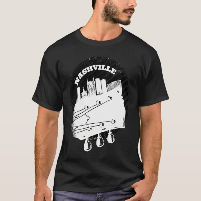 Camiseta Nashville Music Guitar EUA Skyline Silhouette Outl (Frente)