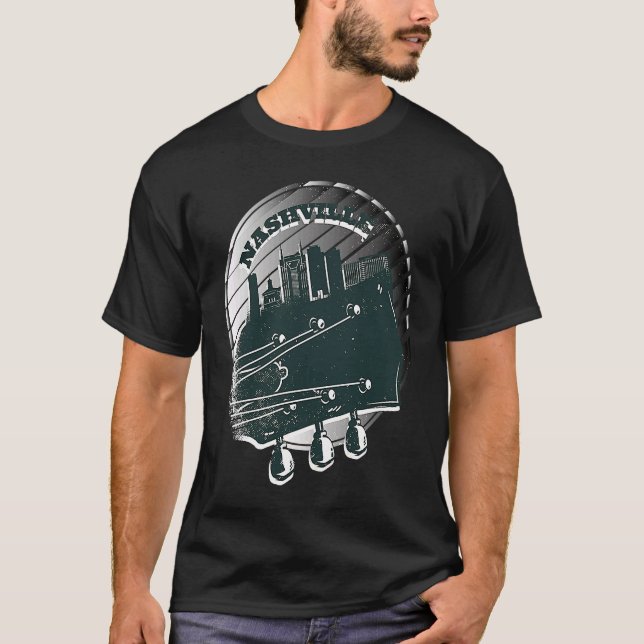 Camiseta Nashville Music Guitar EUA Skyline Silhouette Outl (Frente)