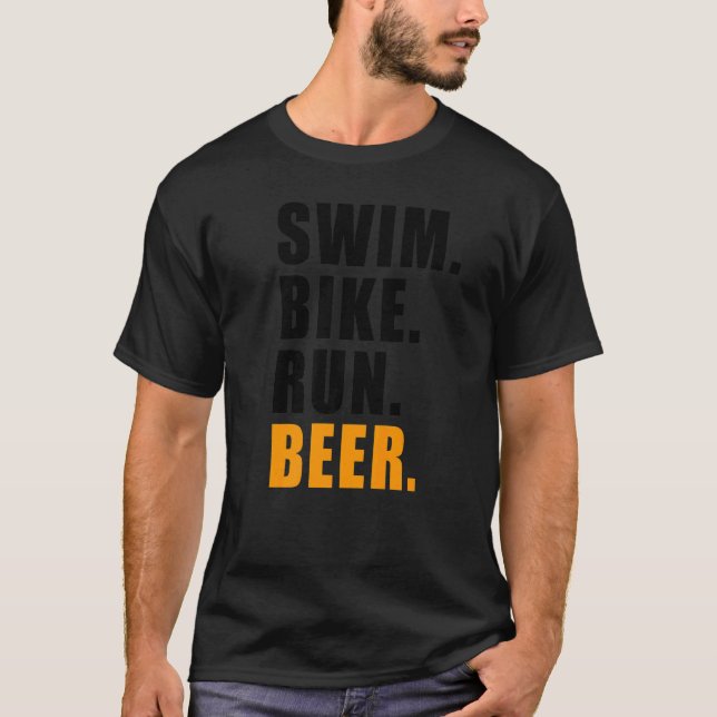 Camiseta Natação Bike Run Beer Triathleton Esporte Mens (Frente)