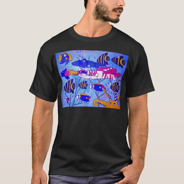 Camiseta Natação do gato com peixes (Frente)