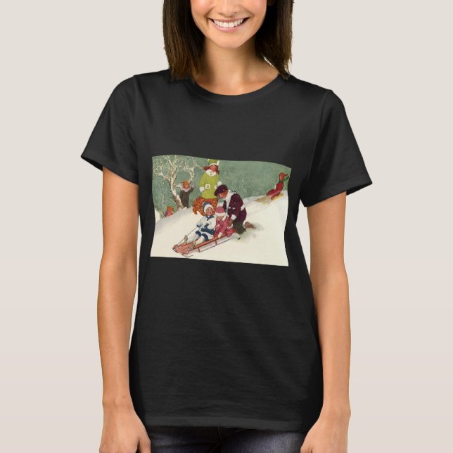 Camiseta Natais vintages, Crianças Dormindo na Neve (Frente)