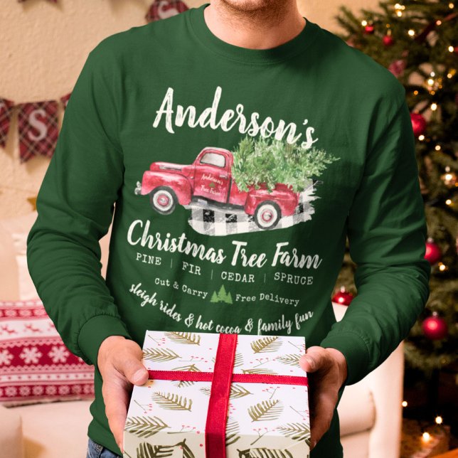 Camiseta Natais vintages Familiares Caminhão Longo (Men's and women's Family last name matching long sleeve Christmas Tree Farm green long sleeve shirts)