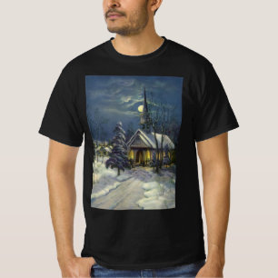 Camiseta natais vintages, Igreja de inverno na neve com lua