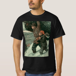 Camiseta Natais vintages, Pai e Filho Cortaram uma Árvore