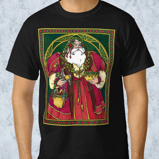 Camiseta Natais vintages, Papai Noel com Holly Leaves (Criador carregado)