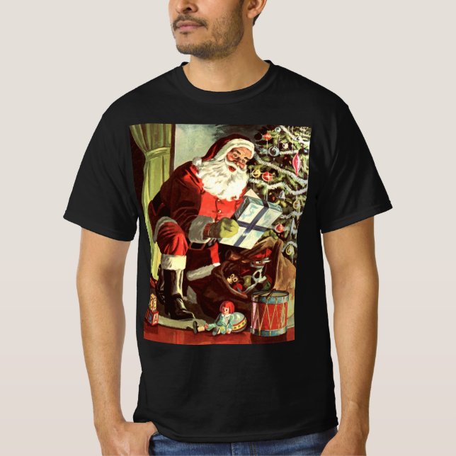 Camiseta Natais vintages, Retro Papai Noel com Presentes (Frente)