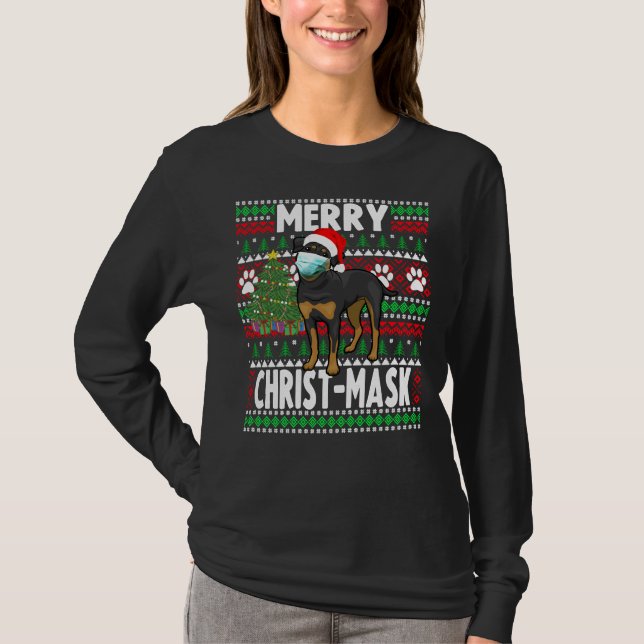 Camiseta Natal 2020 Cão Rottweiler Cachorro Vestindo Máscar (Frente)