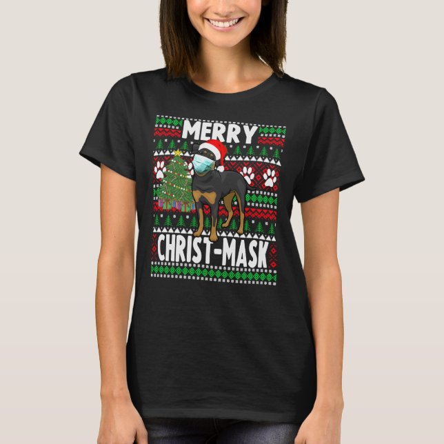 Camiseta Natal 2020 Cão Rottweiler Cachorro Vestindo Máscar (Frente)