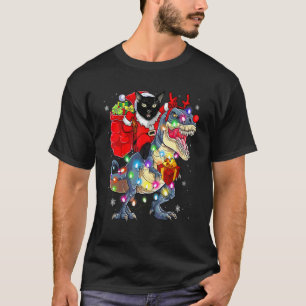 Camiseta Natal 2022 Gato Papai Noel Montando Dinossauro Rex