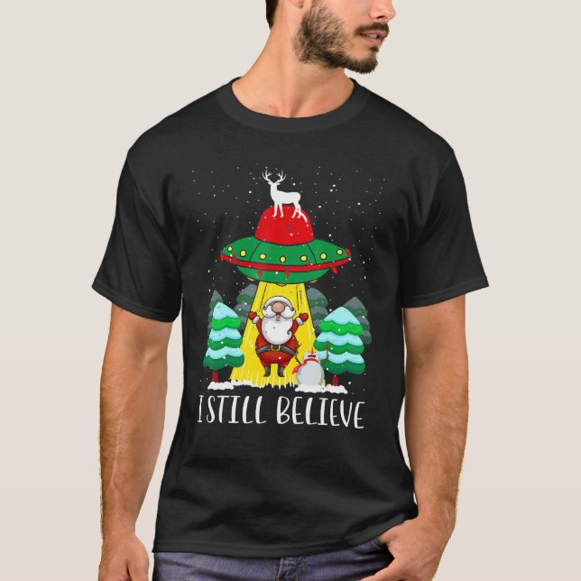Camiseta Natal Ainda Acredito Que Papai Noel UFO Para Homen (Frente)