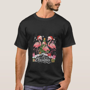 Camiseta Natal Alegre das Mulheres Papai Noel Flamingo Luz