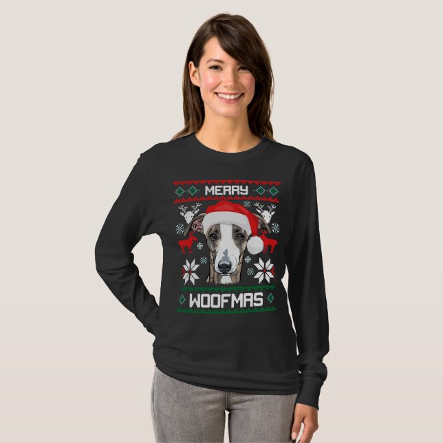 Camiseta Natal alegre de Woofmas do galgo italiano (Frente Completa)