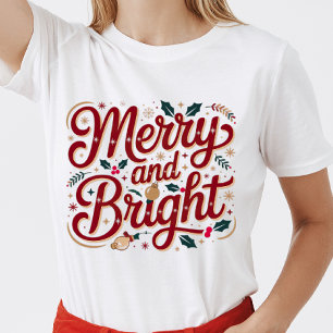 Camiseta Natal alegre e brilhante fonte moderna rosa vermel