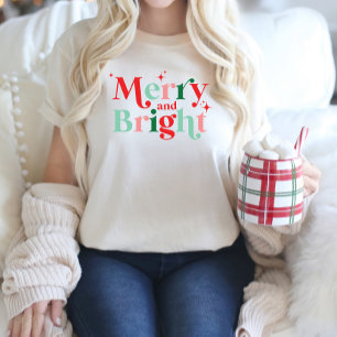 Camiseta Natal alegre e brilhante fonte moderna rosa vermel