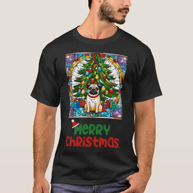 Camiseta Natal Alegre Pug Vidro Pintado Feriado  (Frente)