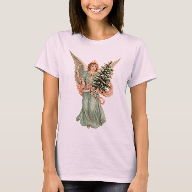 Camiseta Natal Antigo, Anjo Vitoriano com Árvore (Frente)