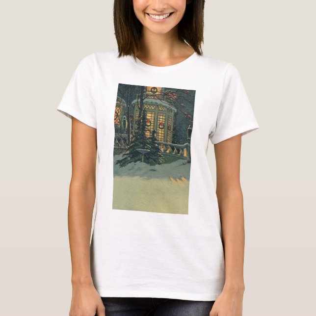 Camiseta Natal Antigo, Casa com Grinaldas nas Janelas (Frente)
