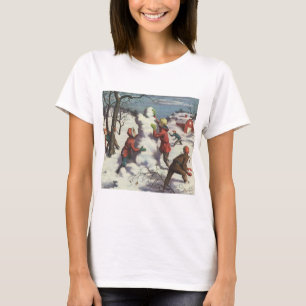 Camiseta Natal Antigo, Crianças Brigando com Bolas de Neve