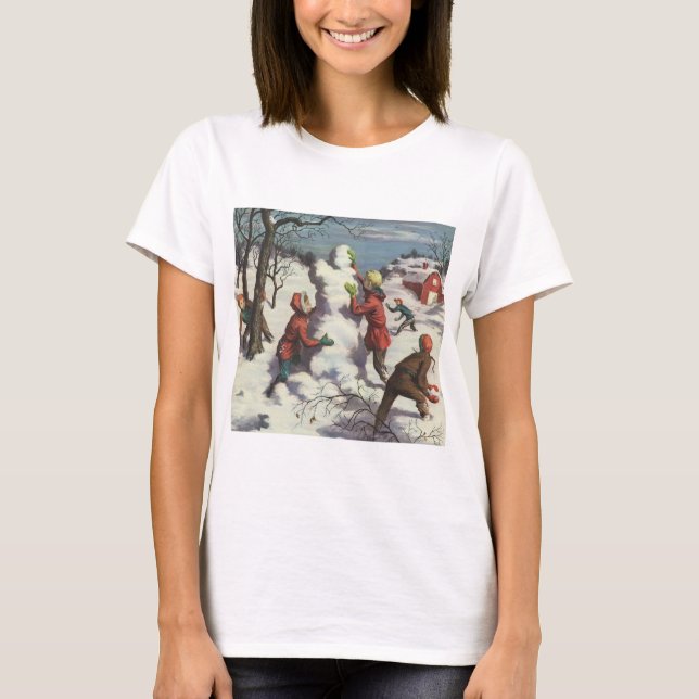 Camiseta Natal Antigo, Crianças Brigando com Bolas de Neve (Frente)