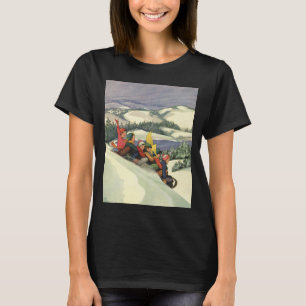 Camiseta Natal Antigo, Crianças Puxando Trenó em uma Montan