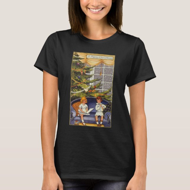 Camiseta Natal Antigo, Crianças Sentadas num Sofá (Frente)