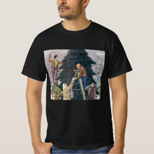 Camiseta Natal Antigo, Família Pendurando Luzes na Árvore