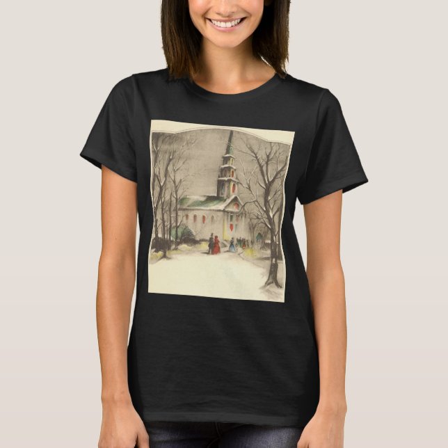 Camiseta Natal Antigo, Igreja no Inverno Nevado (Frente)