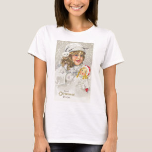 Camiseta Natal Antigo Menina Vitoriana com Boneca na Neve