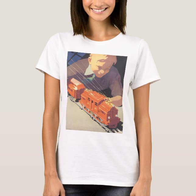 Camiseta Natal Antigo, Menino Brincando com Trem de Brinque (Frente)