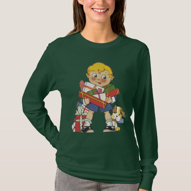 Camiseta Natal Antigo, Menino com Presentes e Cachorrinho (Frente)