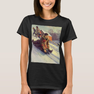Camiseta Natal Antigo, Pai e Filha Descendo a Colina de Tre