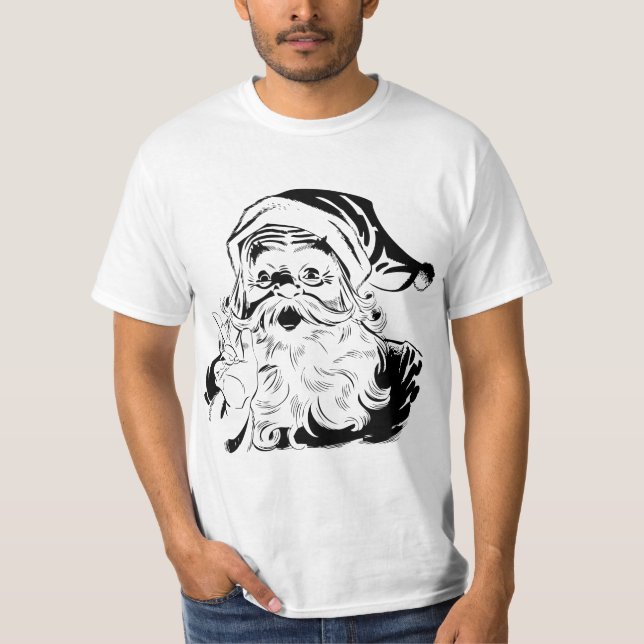 Camiseta Natal Antigo, Papai Noel Alegre Retro, Preto (Frente)