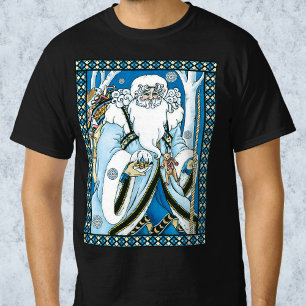 Camiseta Natal Antigo, Papai Noel Azul com Bola de Neve