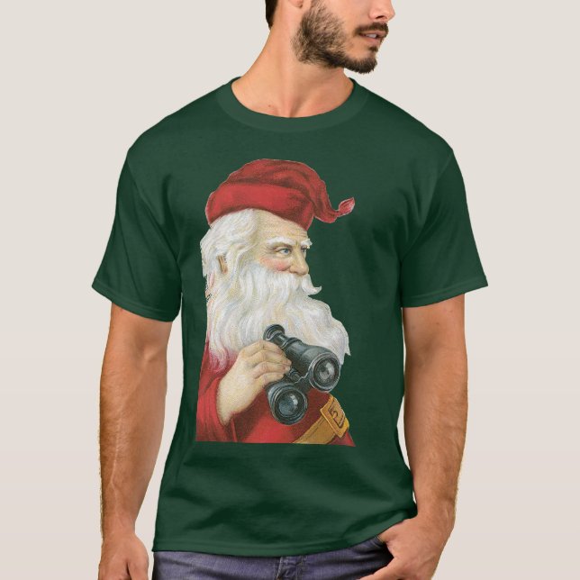 Camiseta Natal Antigo, Papai Noel com Binóculos (Frente)